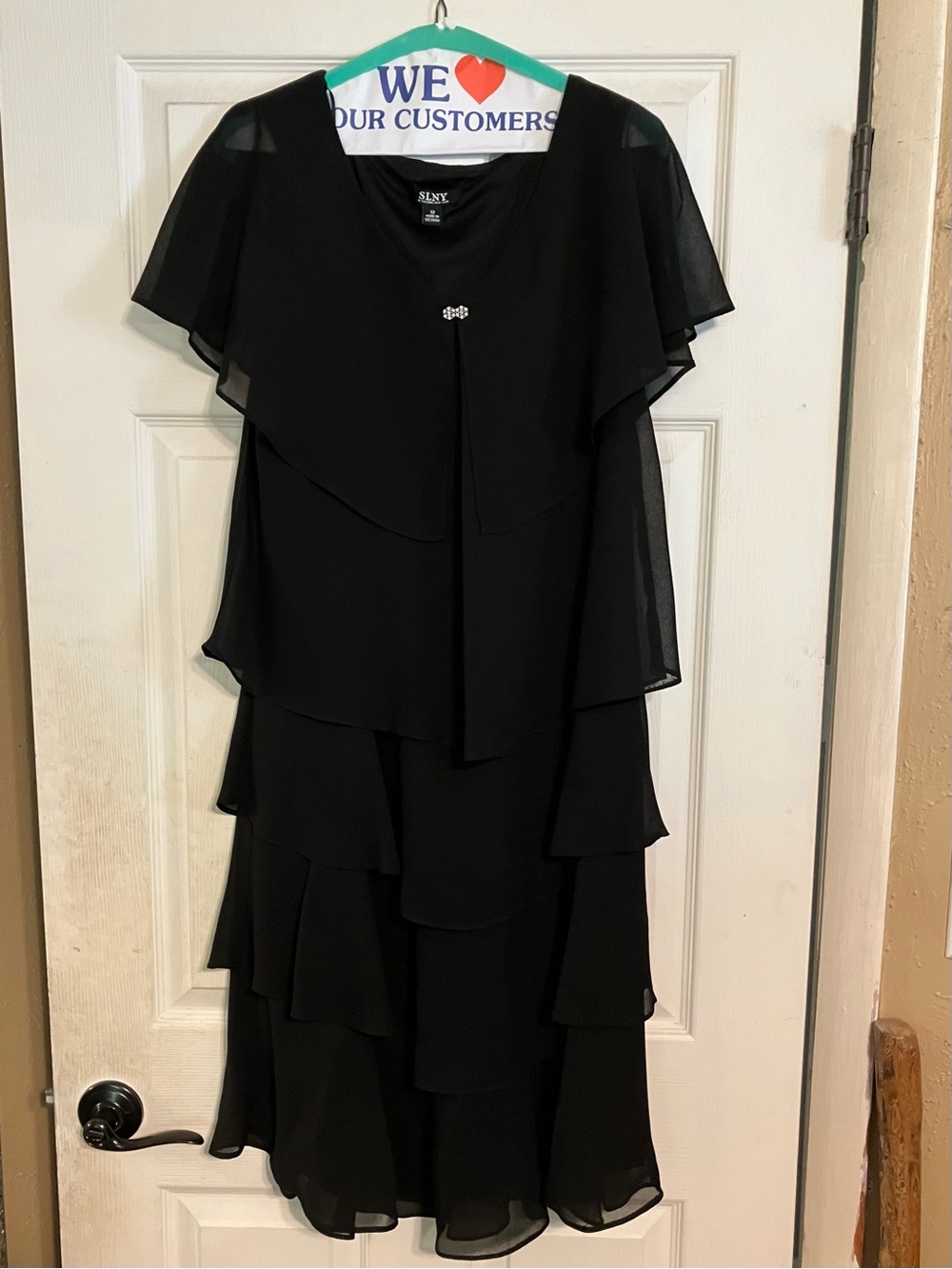 Women’s SLNY Black Layered Chiffon Midi Dress Size 12 Lightweight Flowy Event